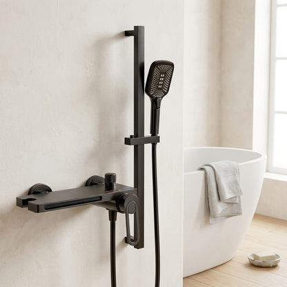 Lagomel waterfall single-handle wall-mount tub filler, set in a Modern/Minimalist bathroom