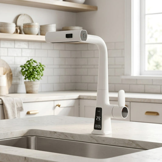 Lagomel single-hole waterfall pull-down kitchen faucet in matte white, matte black, gunmetal, chrome, set in a Modern/Contemporary kitchen