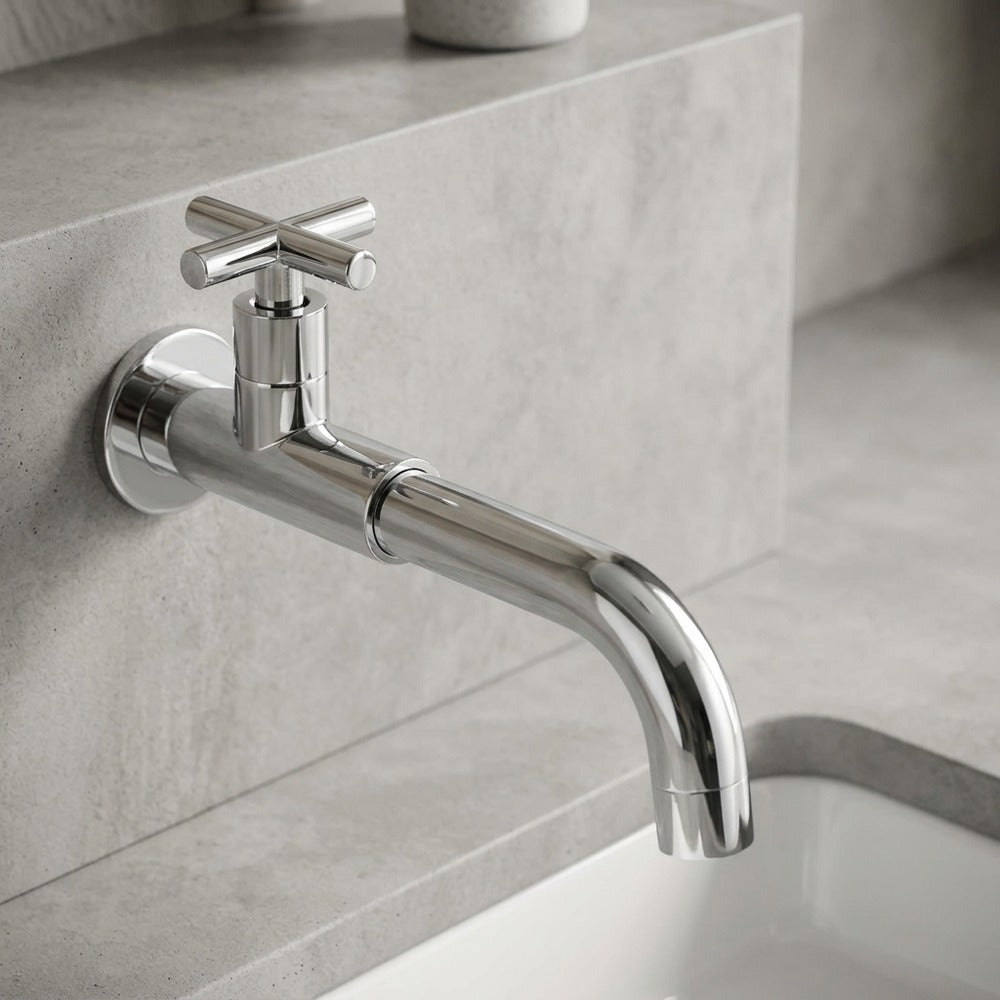 Lagomel single-hole wall-mount bathroom faucet in antique brass, matte black, chrome, matte white, polished gold, gunmetal, set in a Traditional/Classic bathroom