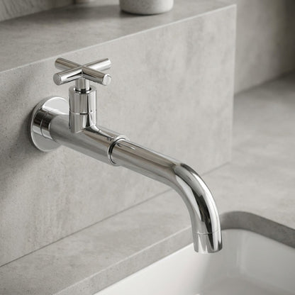 Lagomel single-hole wall-mount bathroom faucet in antique brass, matte black, chrome, matte white, polished gold, gunmetal, set in a Traditional/Classic bathroom