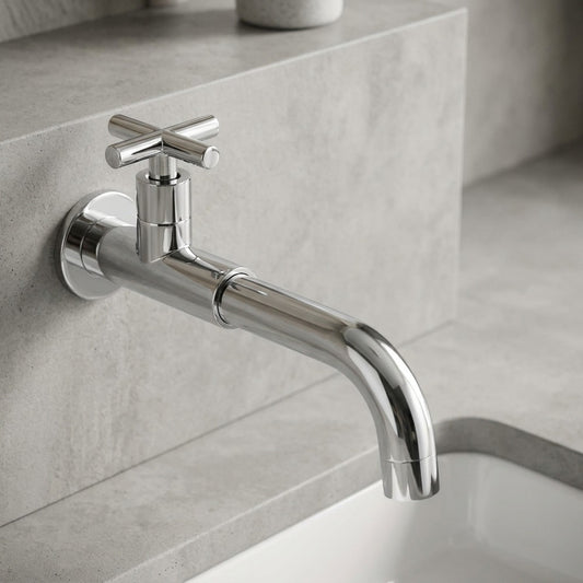 Lagomel single-hole wall-mount bathroom faucet in antique brass, matte black, chrome, matte white, polished gold, gunmetal, set in a Traditional/Classic bathroom