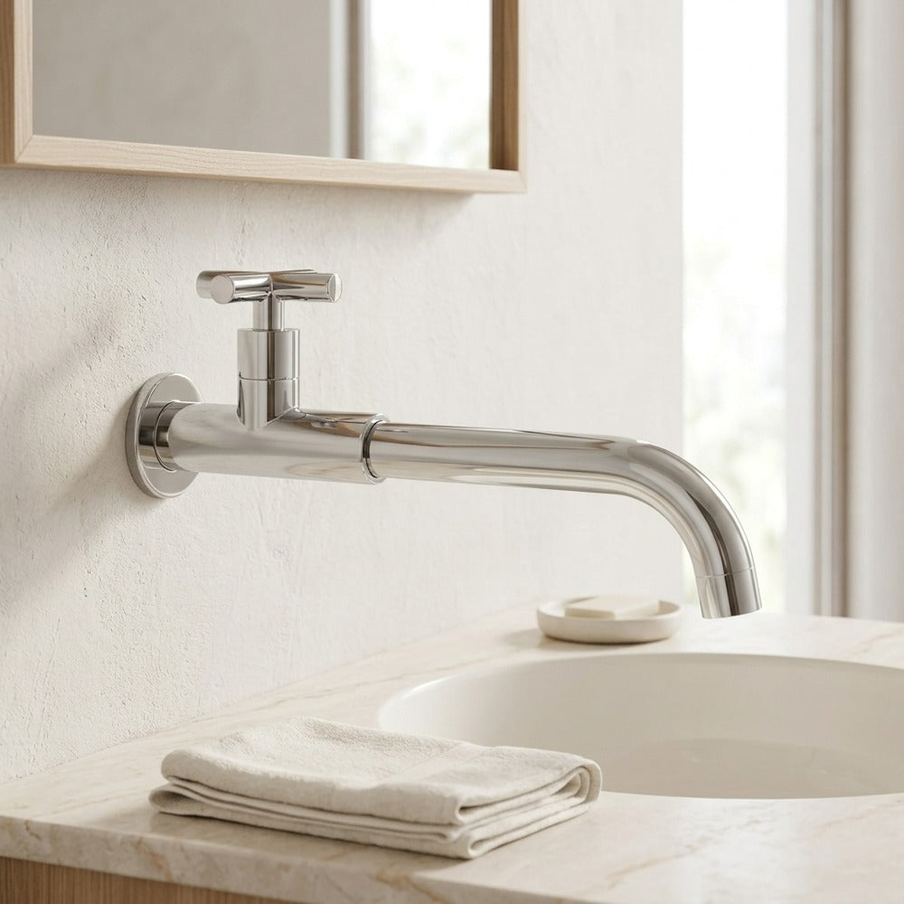 Lagomel single-hole wall-mount bathroom faucet, set in a Traditional/Classic bathroom