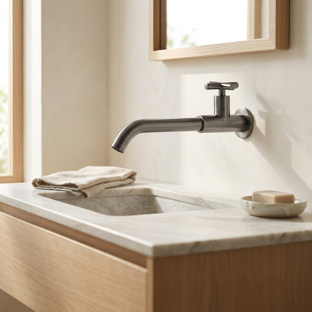 Lagomel single-hole wall-mount bathroom faucet, set in a Traditional/Classic bathroom