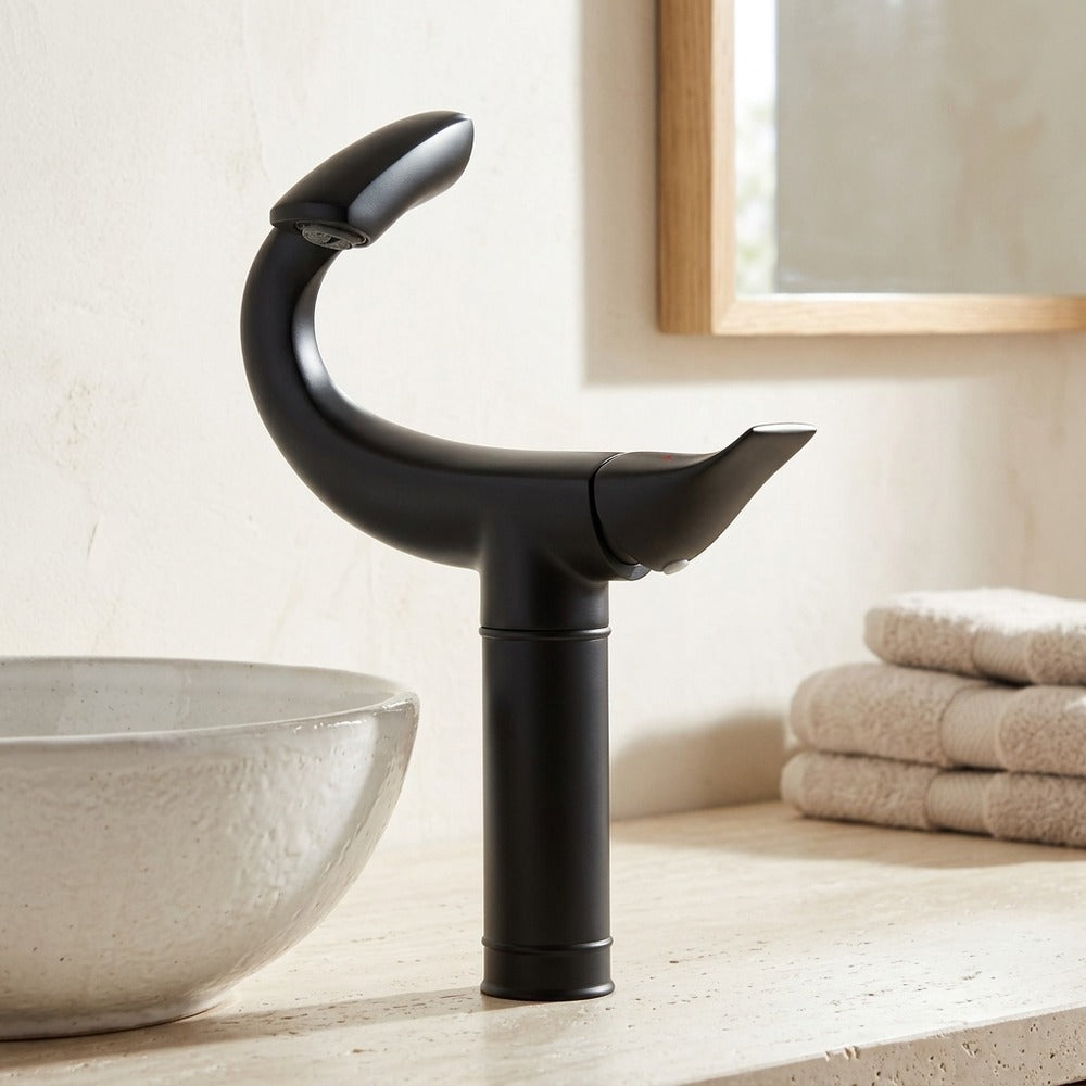 Lagomel single-hole single-handle vessel sink faucet in matte black, chrome, brushed gold, gunmetal, matte white, two-tone, set in a Contemporary/Minimalist bathroom