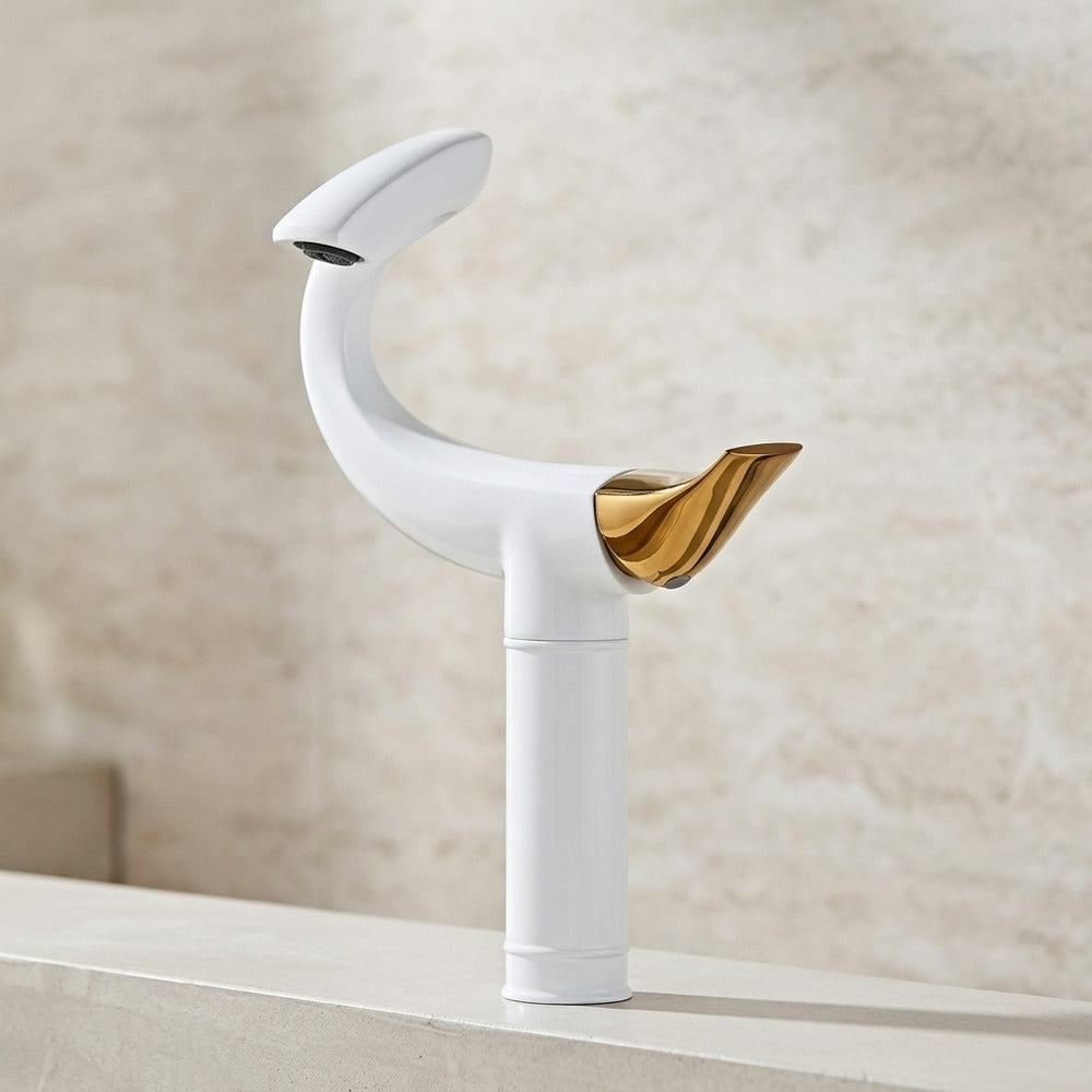 Lagomel single-hole single-handle vessel sink faucet, set in a Modern/Minimalist/Contemporary bathroom