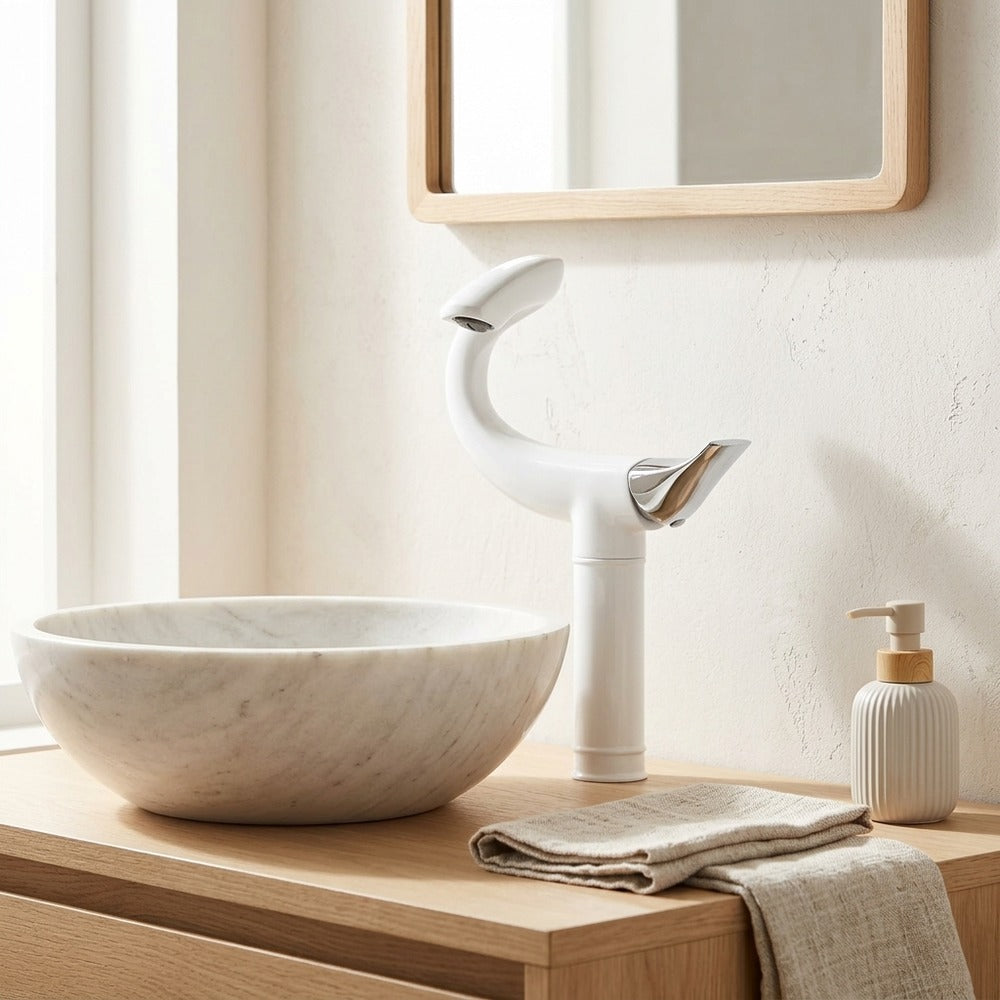Lagomel single-hole single-handle vessel sink faucet, set in a Modern/Minimalist/Contemporary bathroom