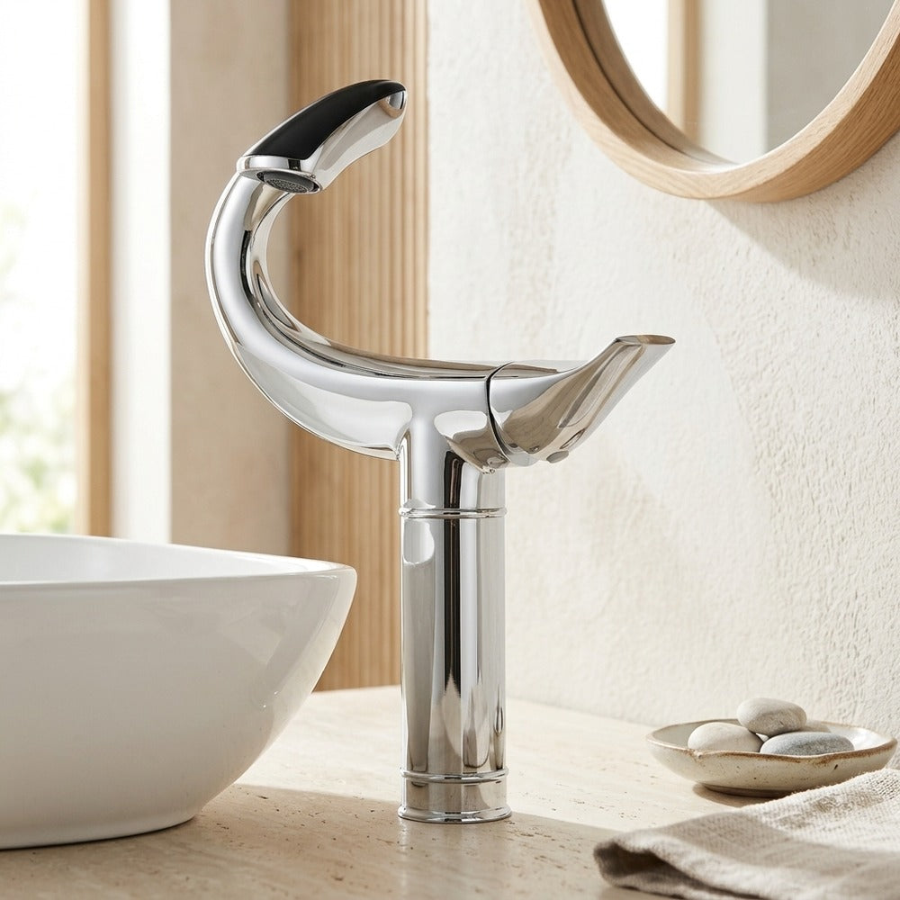 Lagomel single-hole single-handle vessel sink faucet, set in a Modern/Minimalist/Contemporary bathroom