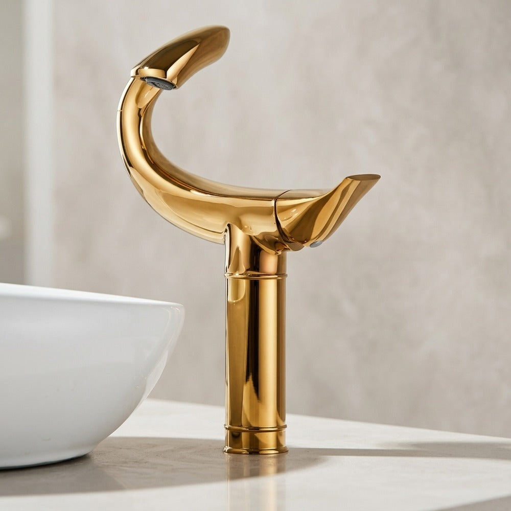 Lagomel single-hole single-handle vessel sink faucet, set in a Modern/Minimalist/Contemporary bathroom