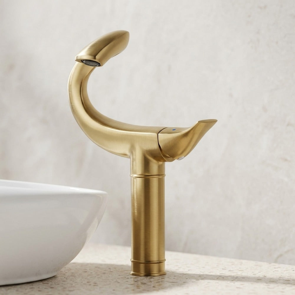 Lagomel single-hole single-handle vessel sink faucet, set in a Modern/Minimalist/Contemporary bathroom