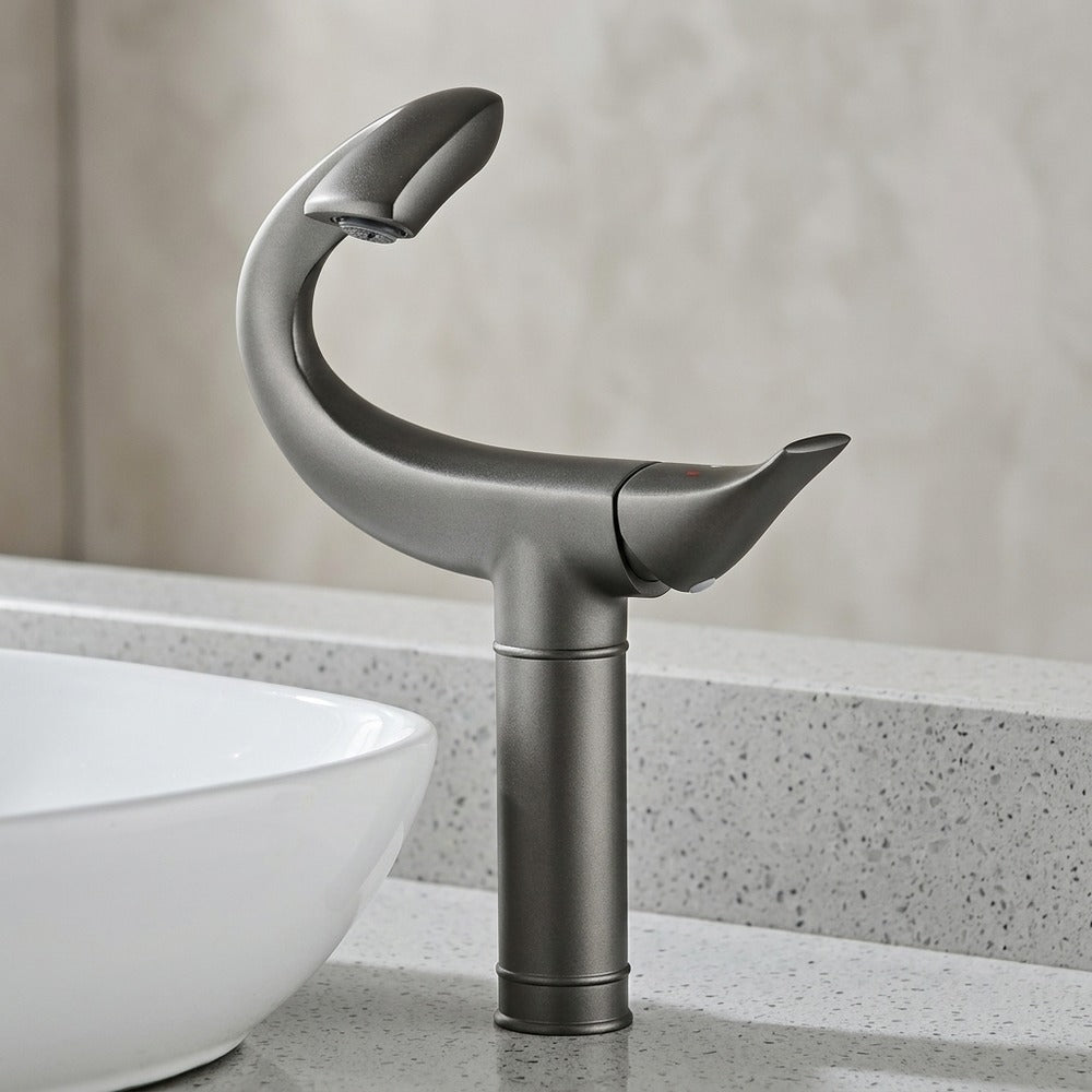 Lagomel single-hole single-handle vessel sink faucet, set in a Modern/Minimalist/Contemporary bathroom