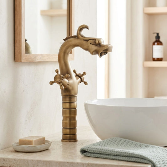 Lagomel double-handle vessel sink faucet in antique brass, polished gold, brushed nickel, set in a Traditional/Classic/Vintage/Retro bathroom