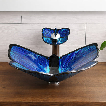 Butterfly Shape Tempered Glass Vessel Sink, Single-Handle Waterfall Faucet Combo with Pop-Up Drain, Multi