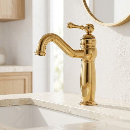 Lagomel single-hole bathroom faucet in polished gold, chrome, antique brass, set in a Traditional/Classic/Vintage/Retro bathroom