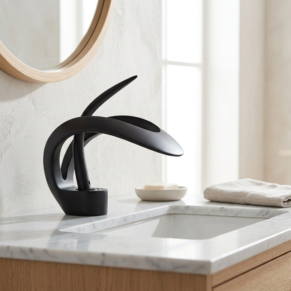 Lagomel waterfall single-hole bathroom faucet in matte black, chrome, brushed gold, matte white, gunmetal, set in a Modern/Contemporary bathroom