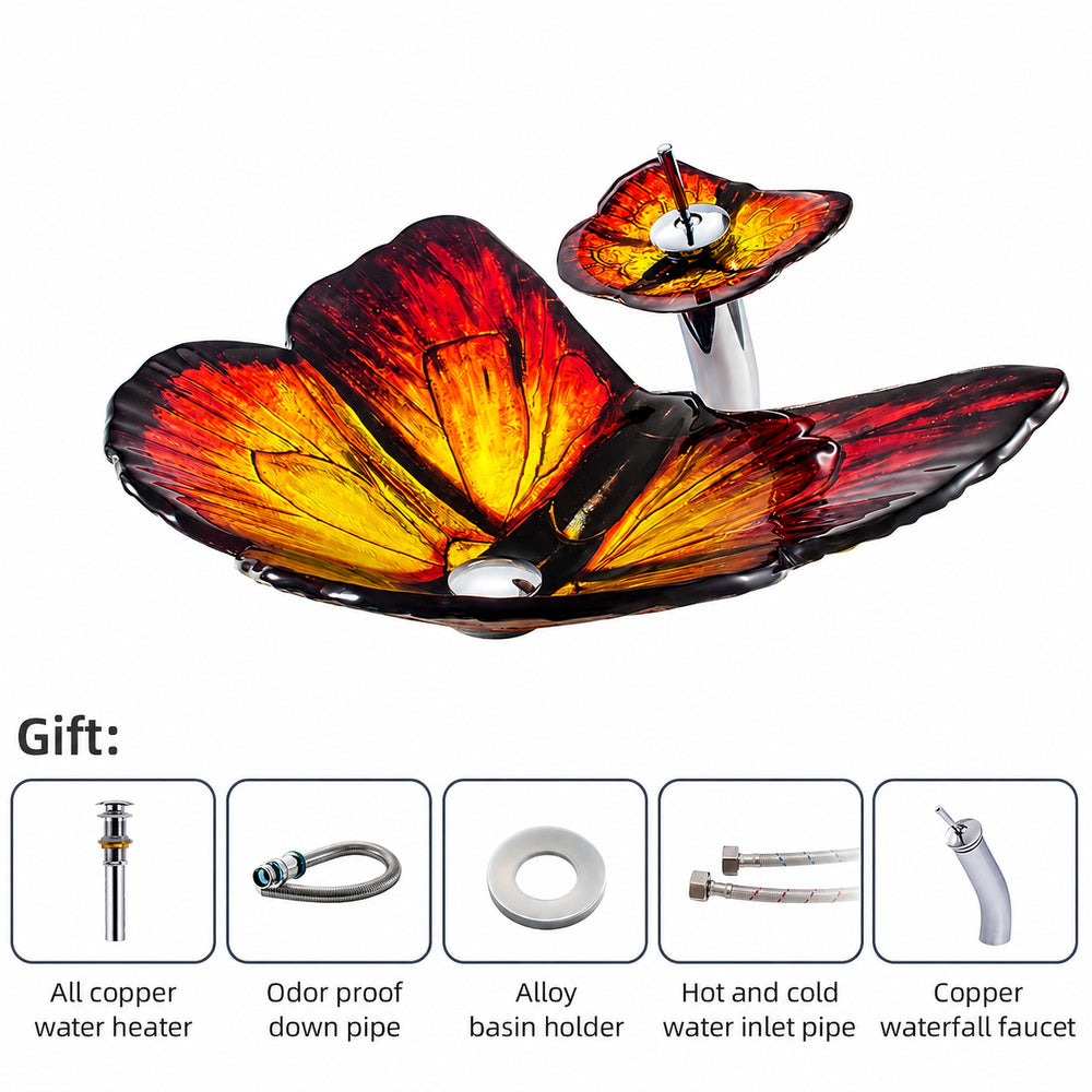 Butterfly Shape Tempered Glass Vessel Sink, Single-Handle Waterfall Faucet Combo with Pop-Up Drain, Multi