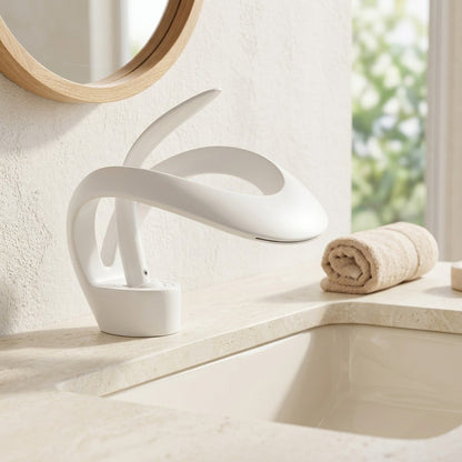 Lagomel waterfall single-hole bathroom faucet, set in a Modern/Minimalist bathroom