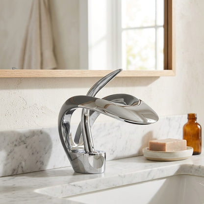 Lagomel waterfall single-hole bathroom faucet, set in a Modern/Minimalist bathroom