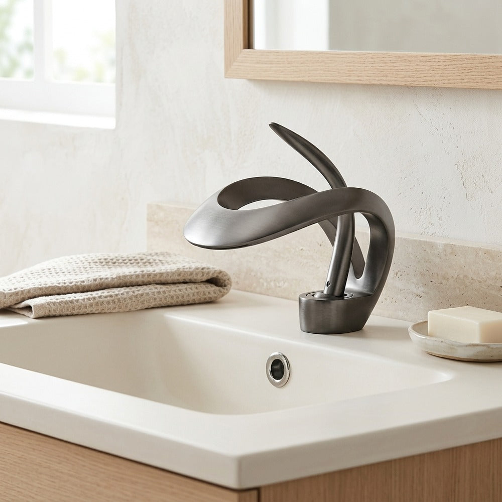 Lagomel waterfall single-hole bathroom faucet, set in a Modern/Minimalist bathroom