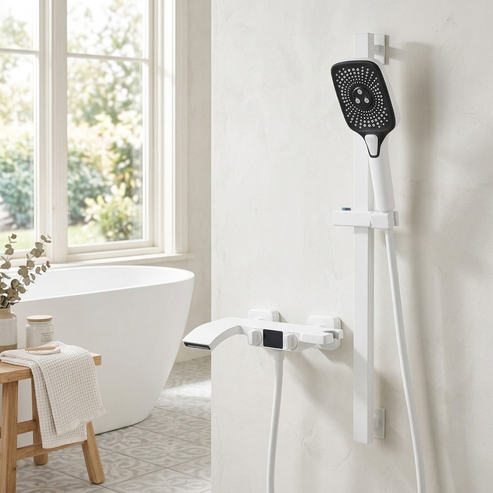Lagomel waterfall wall-mount tub filler, set in a Modern/Contemporary bathroom