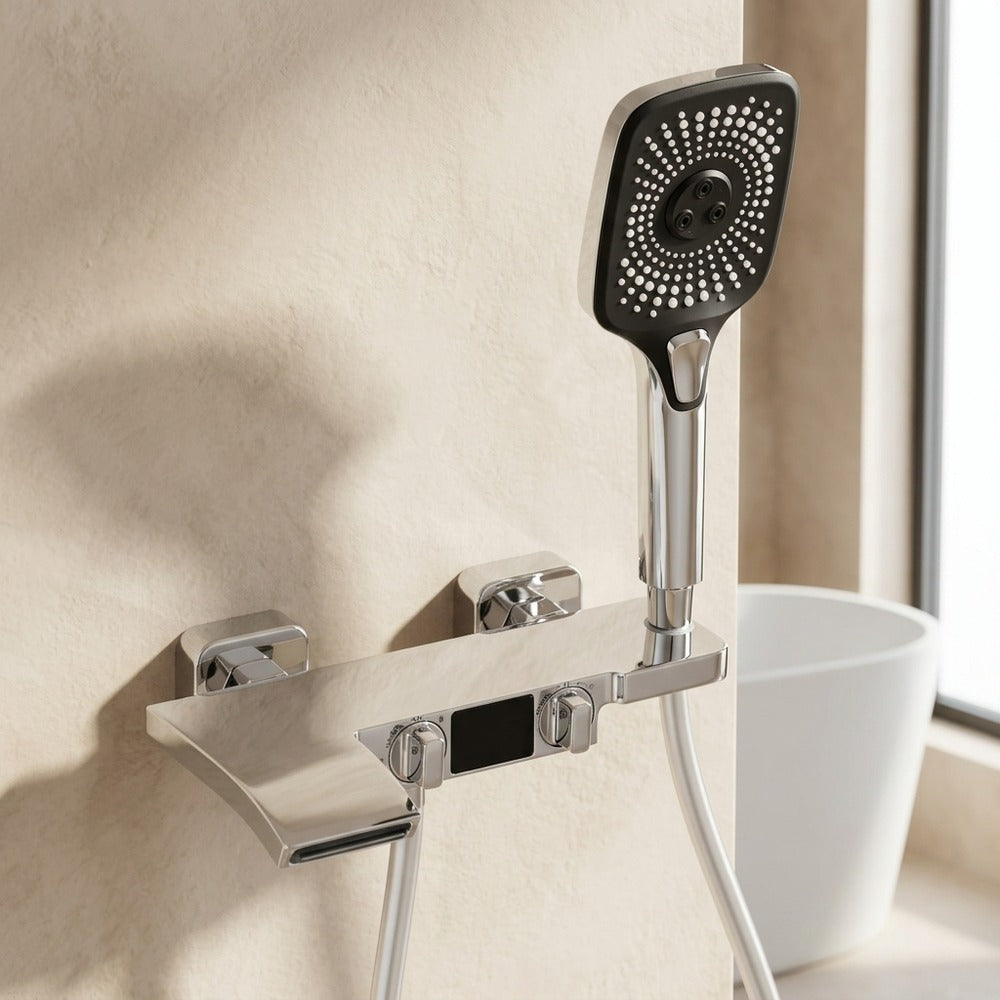 Lagomel waterfall wall-mount tub filler, set in a Modern/Contemporary bathroom