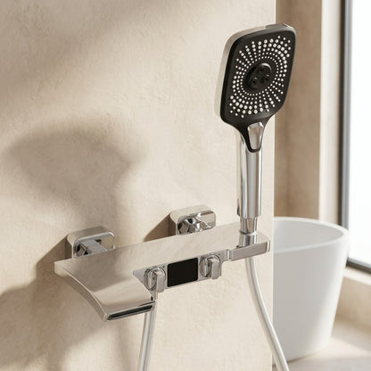 Lagomel waterfall wall-mount tub filler, set in a Modern/Contemporary bathroom