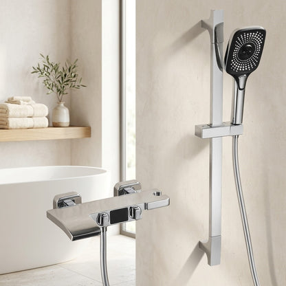 Lagomel waterfall wall-mount tub filler, set in a Modern/Contemporary bathroom