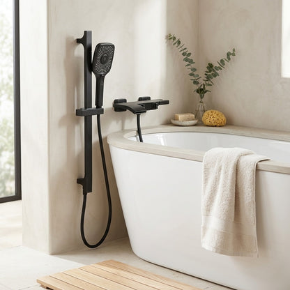 Lagomel waterfall wall-mount tub filler, set in a Modern/Contemporary bathroom