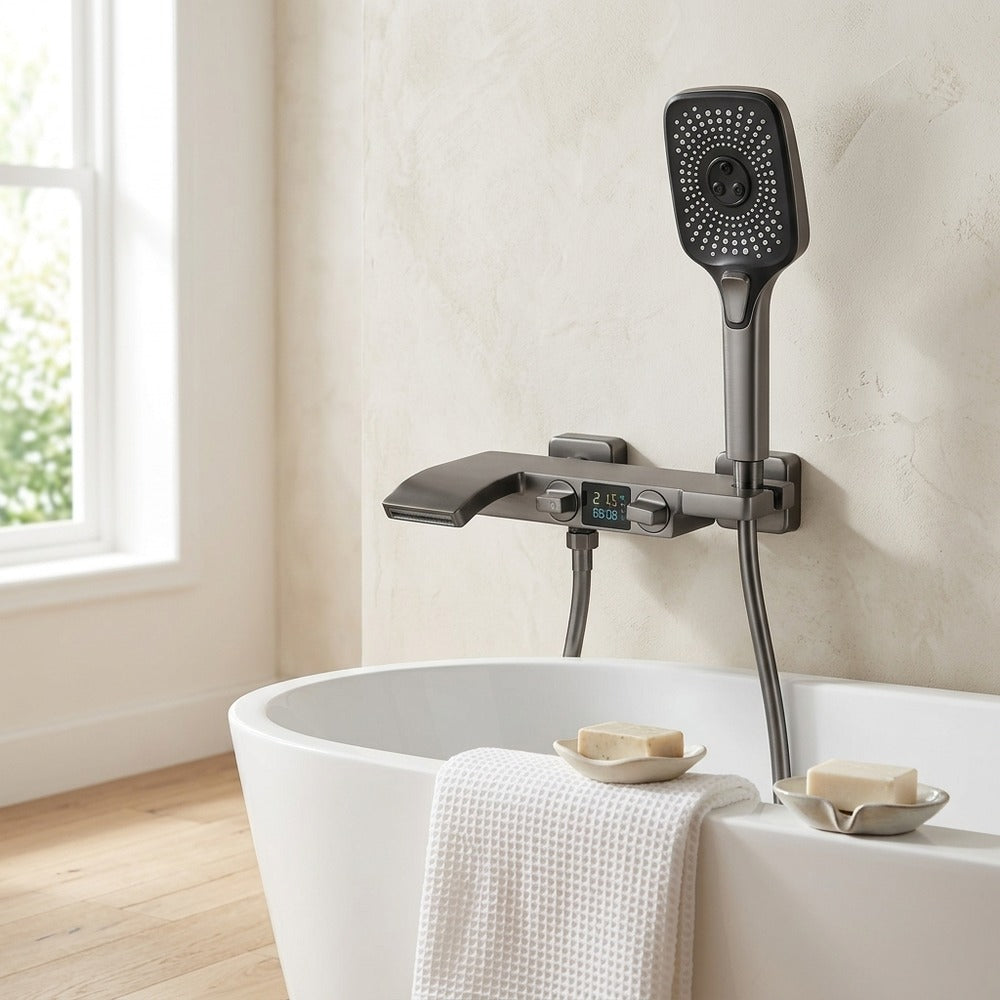 Lagomel waterfall wall-mount tub filler, set in a Modern/Contemporary bathroom