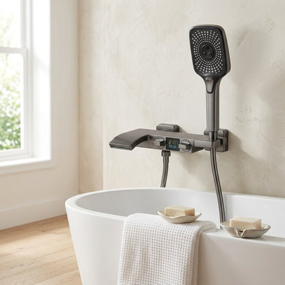 Lagomel waterfall wall-mount tub filler, set in a Modern/Contemporary bathroom