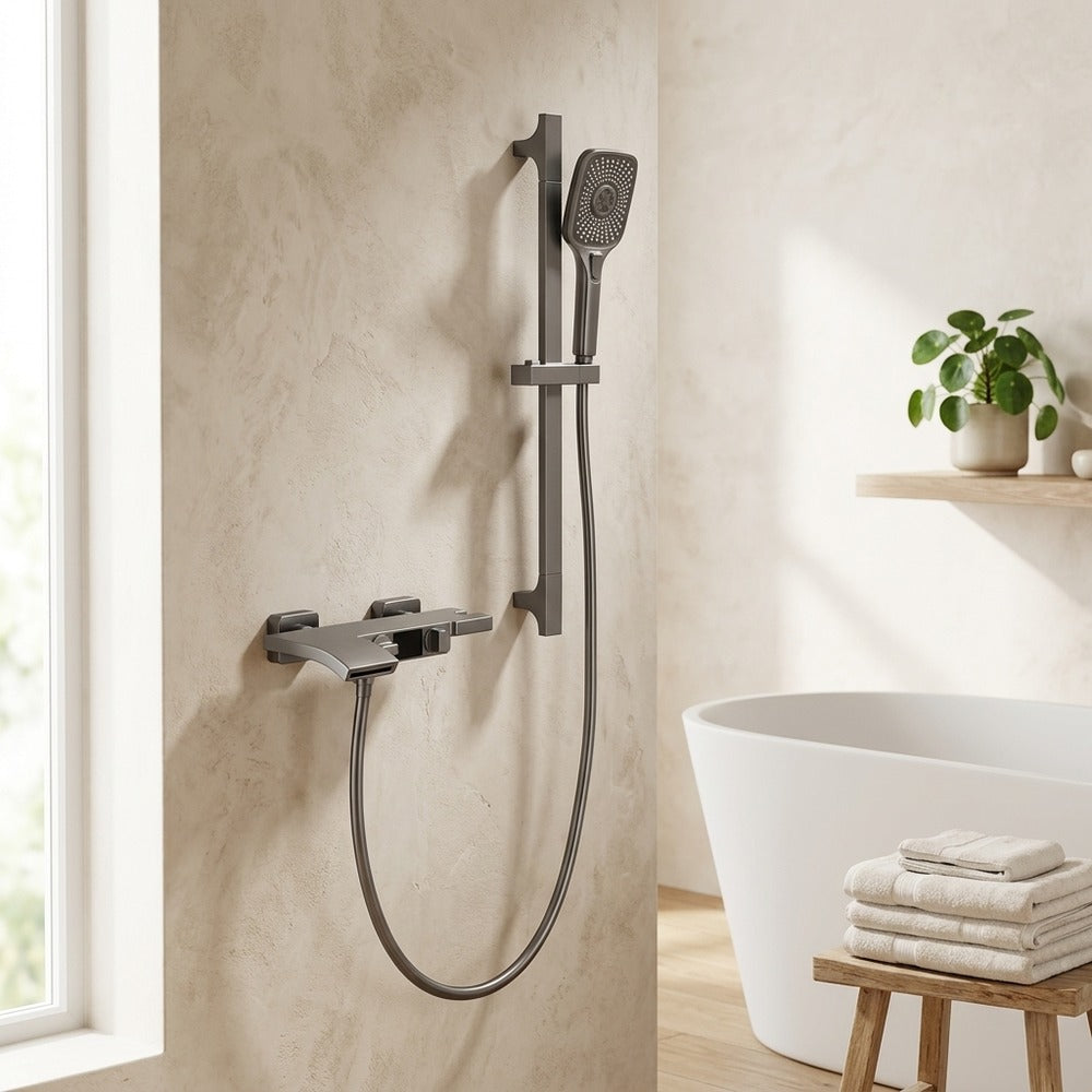 Lagomel waterfall wall-mount tub filler, set in a Modern/Contemporary bathroom