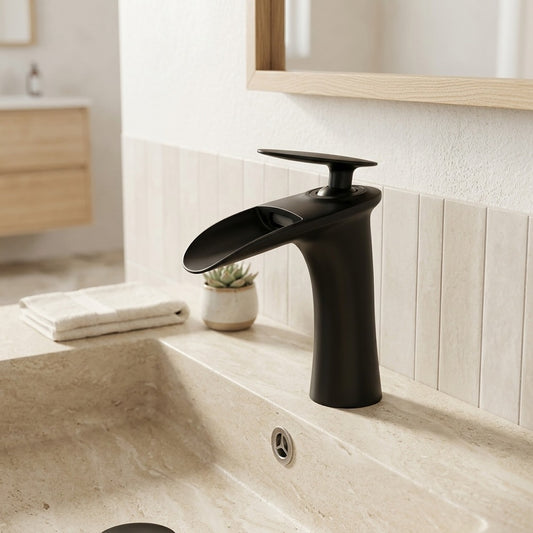 Lagomel waterfall single-hole bathroom faucet in matte black, matte white, brushed gold, brushed nickel, chrome, gunmetal,, set in a Modern/Contemporary bathroom