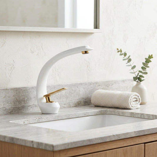 Lagomel single-hole bathroom faucet in brushed gold, brushed nickel, chrome, gunmetal, matte black, matte white, polished, set in a Modern/Contemporary bathroom