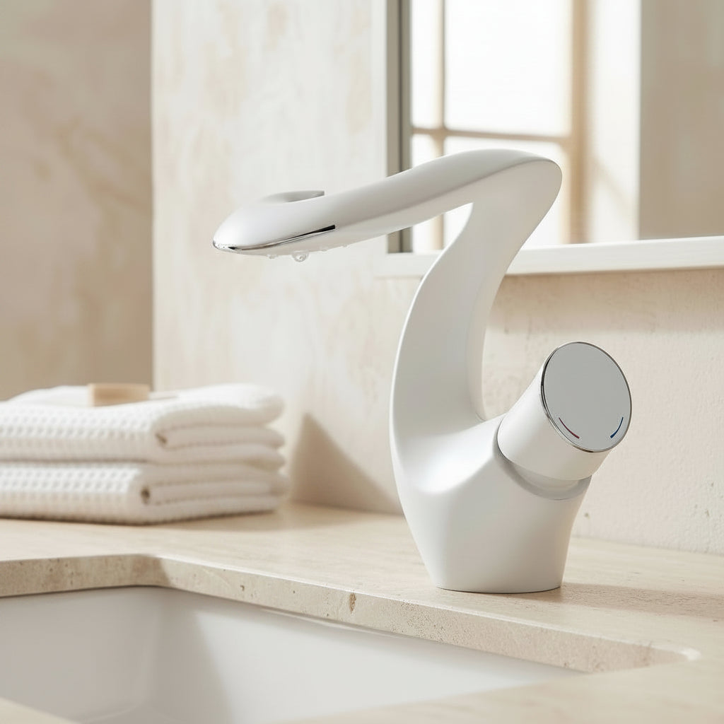 Lagomel waterfall single-hole bathroom faucet in matte white, matte black, brushed nickel, antique brass, set in a Modern/Contemporary/Minimalist bathroom