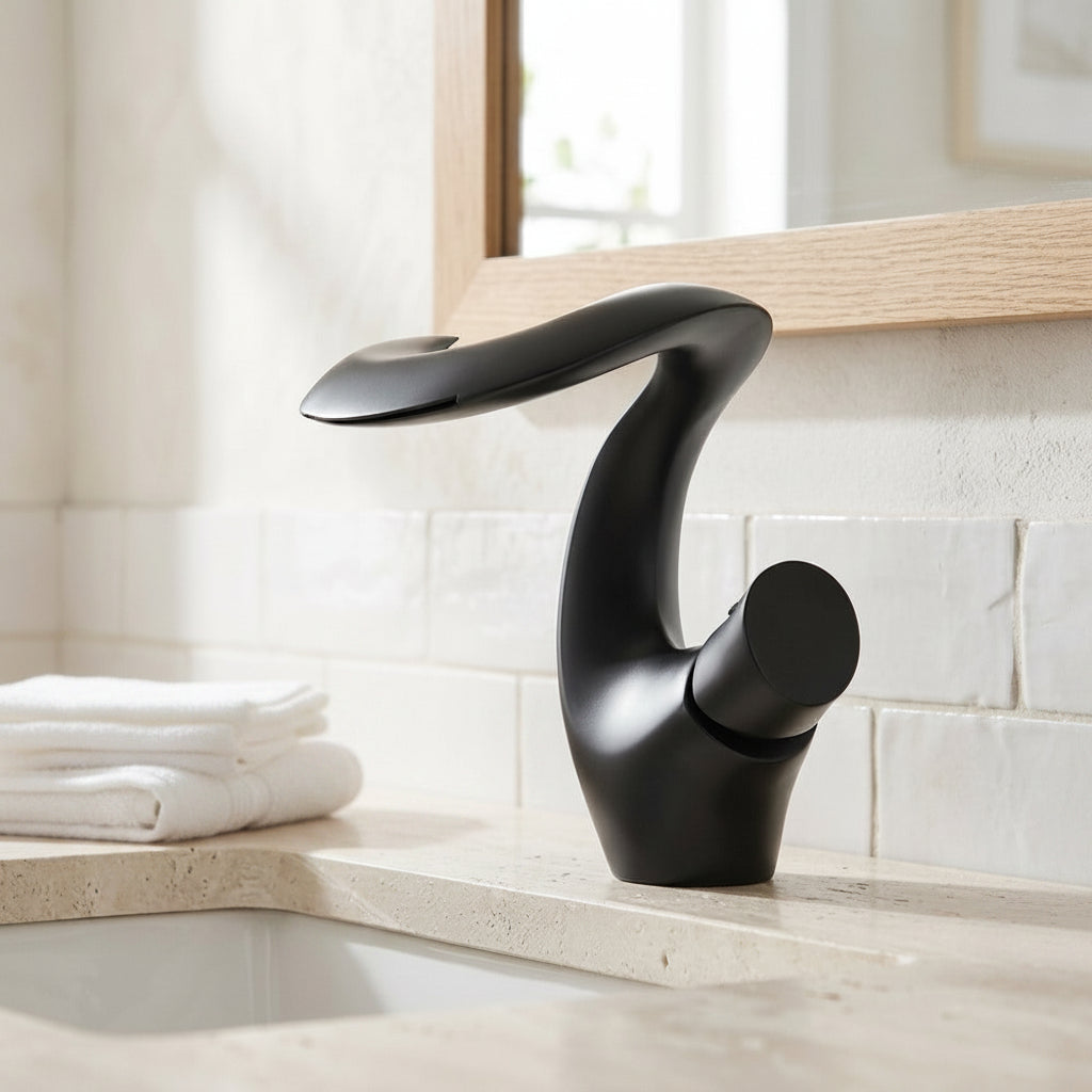 Lagomel waterfall single-hole bathroom faucet, set in a Modern/Minimalist bathroom