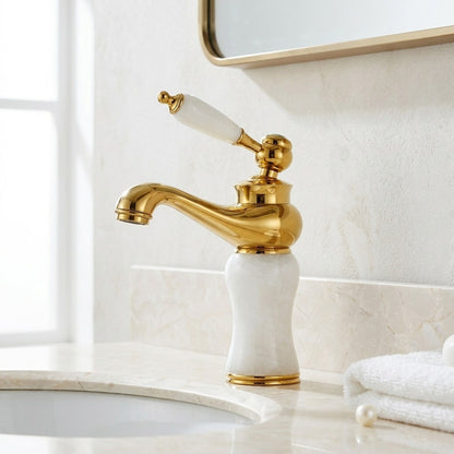 Lagomel single-hole bathroom faucet in polished gold, set in a Traditional/Classic/Vintage/Retro bathroom