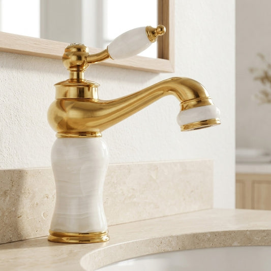 Lagomel single-hole bathroom faucet in polished gold, two-tone / mixed finish, set in a Traditional/Classic/Vintage/Retro bathroom