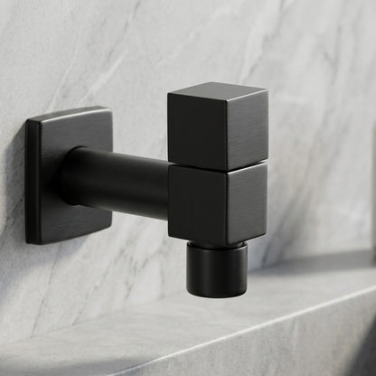 Lagomel wall-mounted washing machine faucet in matte black, chrome, set in a Modern/Contemporary bathroom