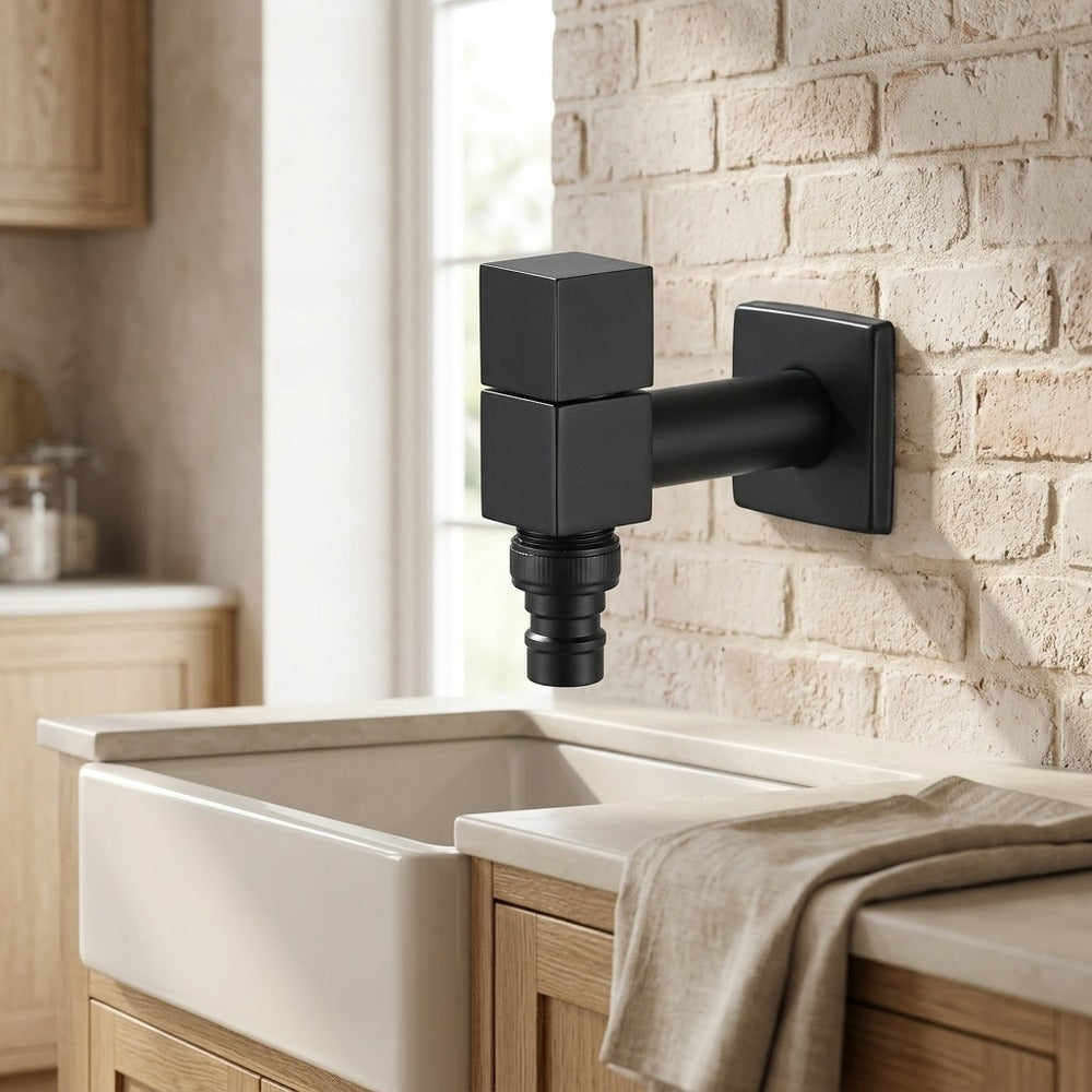 Modern Wall-Mount Single Cold Faucet, Solid Brass Washing Machine Faucet, Matte Black / Chrome