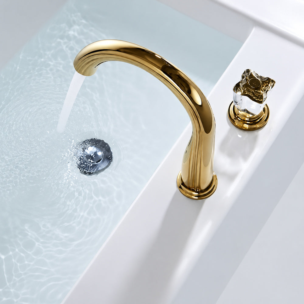 Crystal Knob Polished Gold Bathroom Faucet, Modern 3-Hole Widespread Faucet