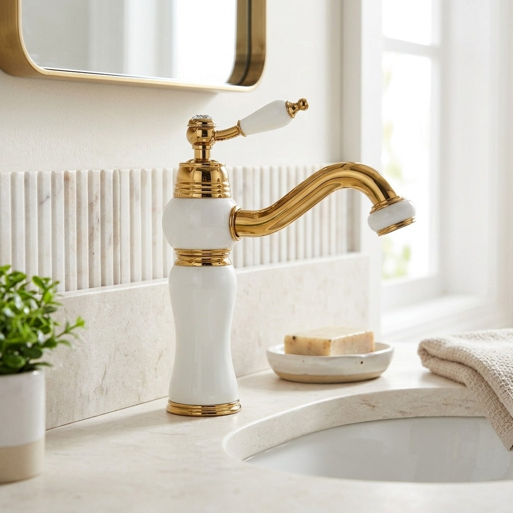 Lagomel single-hole bathroom faucet in polished gold, set in a Traditional/Classic/Vintage/Retro bathroom