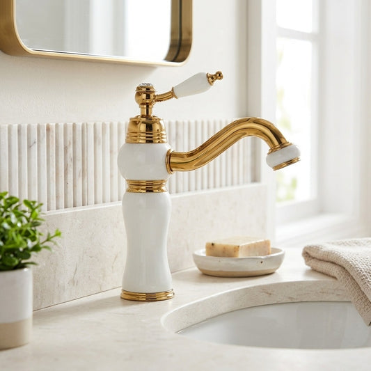 Lagomel single-hole bathroom faucet in polished gold, set in a Traditional/Classic/Vintage/Retro bathroom