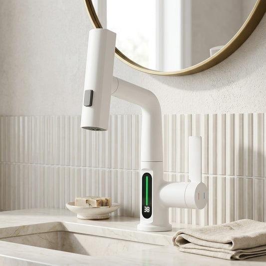 Lagomel pull-out single-hole bathroom faucet in matte black, chrome, matte white, gunmetal, set in a Modern/Minimalist bathroom