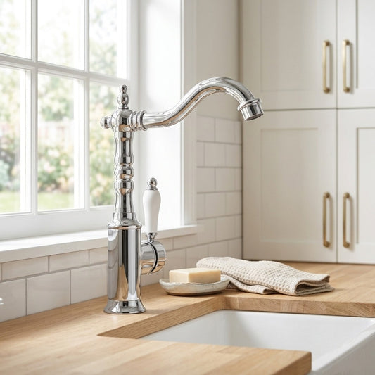 Lagomel single-handle kitchen faucet in chrome, polished gold, matte black, antique brass, set in a Vintage/Retro/Minimalist/Traditional/Classic kitchen