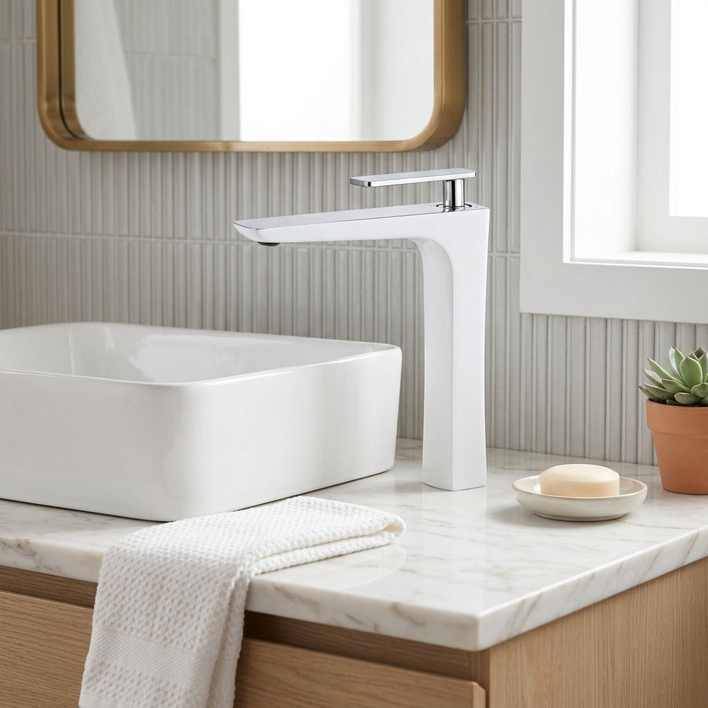 Lagomel single-hole waterfall vessel sink faucet, set in a Modern/Contemporary bathroom