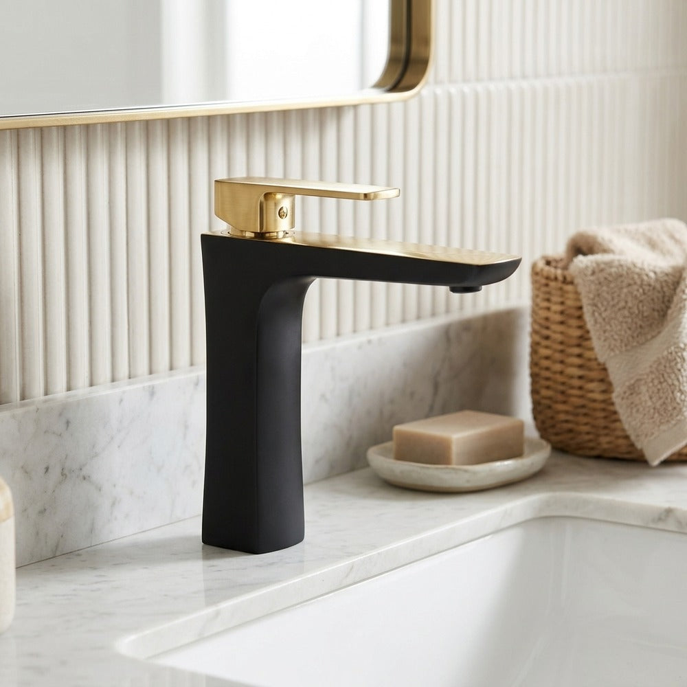 Lagomel single-hole waterfall vessel sink faucet, set in a Modern/Contemporary bathroom