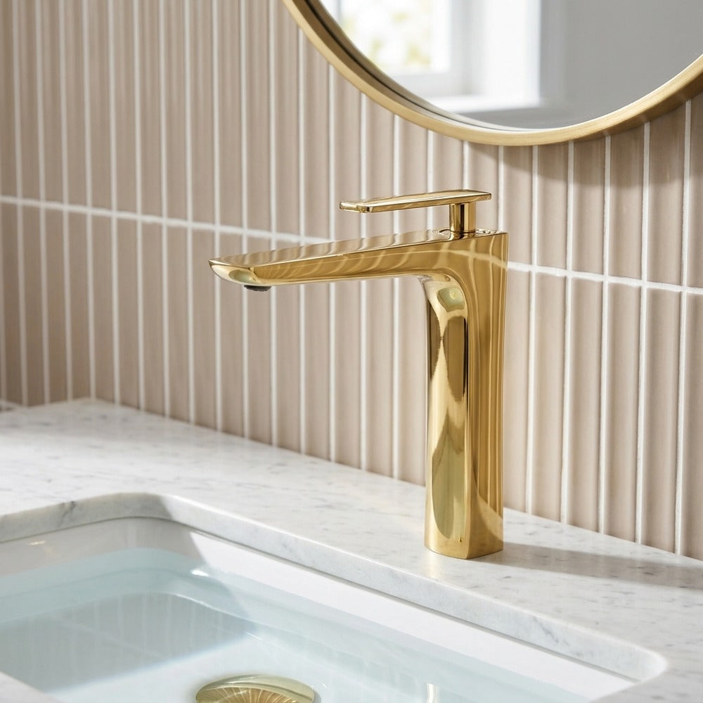 Lagomel single-hole waterfall vessel sink faucet, set in a Modern/Contemporary bathroom
