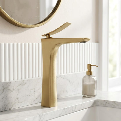 Lagomel single-hole waterfall vessel sink faucet, set in a Modern/Contemporary bathroom