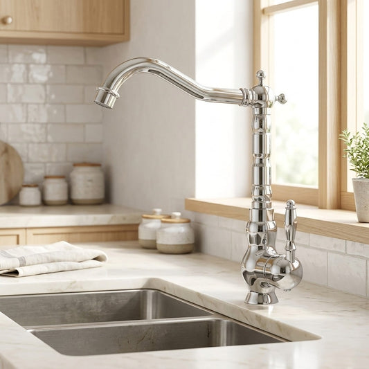 Lagomel single-handle kitchen faucet in chrome, polished gold, antique brass, set in a Traditional/Classic/Vintage/Retro kitchen