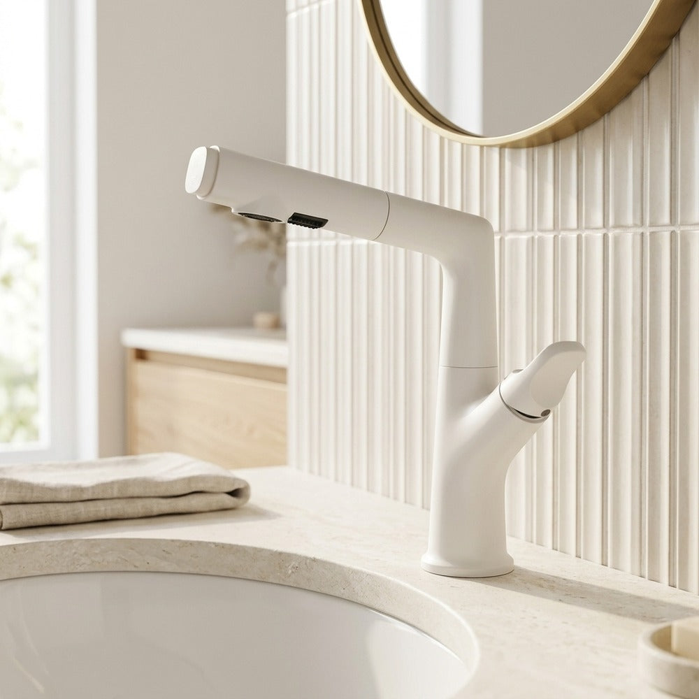 Lagomel pull-out single-hole bathroom faucet in matte white, chrome, gunmetal, set in a Modern/Contemporary bathroom