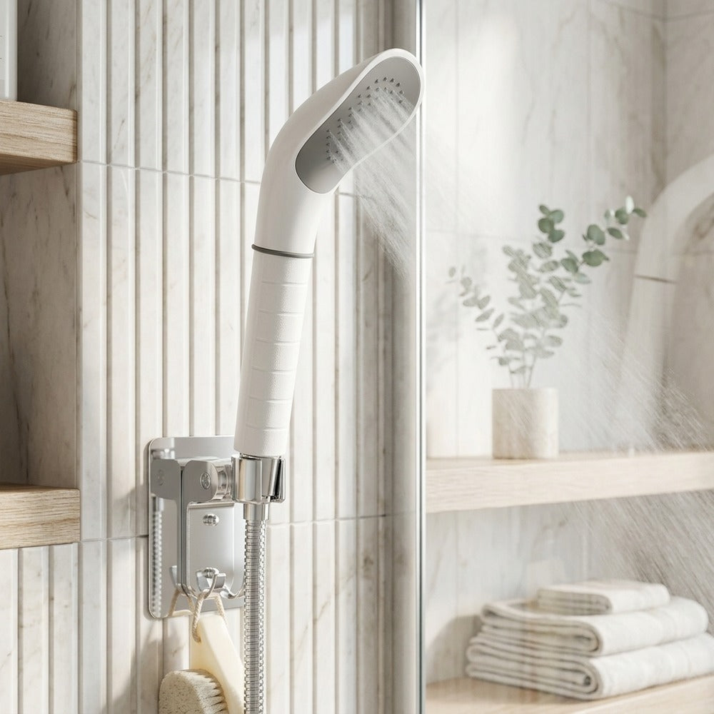 Lagomel hand shower in matte white, set in a Modern/Minimalist bathroom